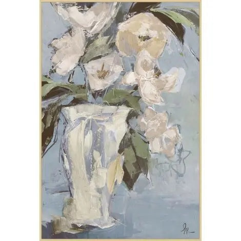 “SOMETHING GENTLY GATHERED ARTWORK” by WENDOVER features an abstract depiction of white flowers with green leaves arranged in a clear glass vase against a muted blue background, beautifully presented as a framed giclée in an elegant floater frame for a sophisticated, contemporary gallery aesthetic.