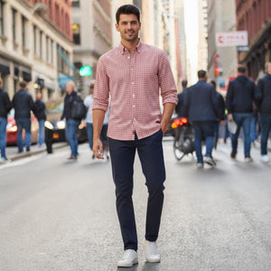 The FRANK & EILEEN Finbar Men's Button Up Shirt in Red and White Check features Italian cotton, a collar, and rolled-up sleeves, shown on a white background.