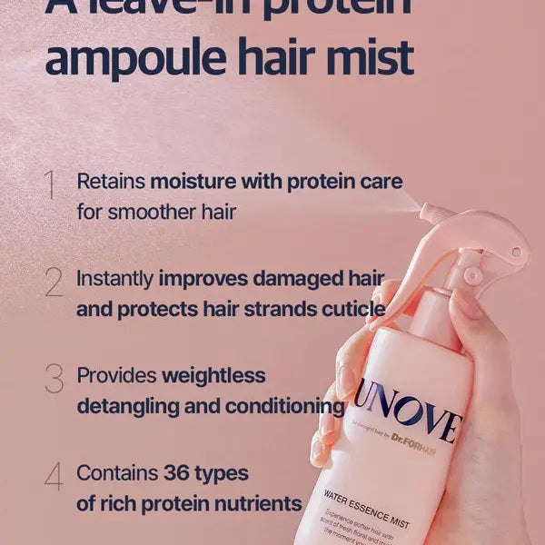 EXOD International's UNOVE Water Essence Hair Mist, in pink with a trigger nozzle, offers nutrient-rich floral and musk aromas to soften hair and deliver dual hydration for healthier locks.