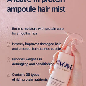 EXOD International's UNOVE Water Essence Hair Mist, in pink with a trigger nozzle, offers nutrient-rich floral and musk aromas to soften hair and deliver dual hydration for healthier locks.