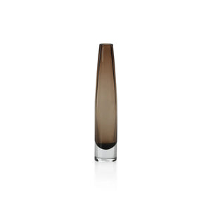 The ZODAX TATE SLIM GLASS TAUPE VASE - SHORT features a cylindrical taupe glass body with a clear base, measures 2.5" x 13.5", and is displayed against a plain white background.