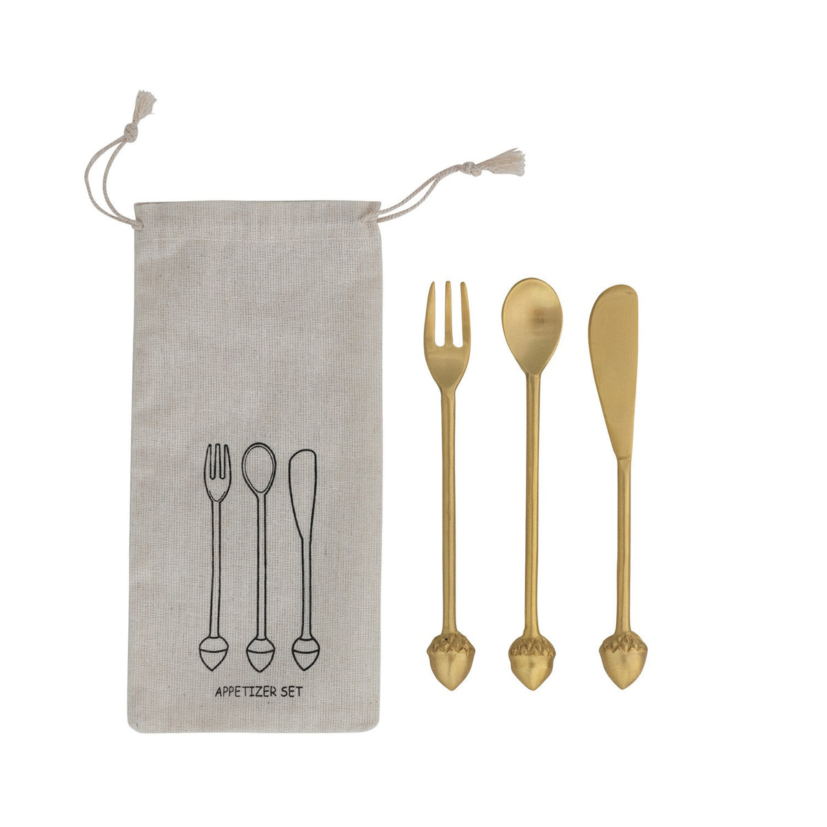 A linen pouch labeled “Appetizer Set” from CREATIVE COOP features black utensil art beside the CAST ALUMINUM APPETIZER SET WITH ACORN HANDLES: a fork, spoon, and spreader with charming acorn details.