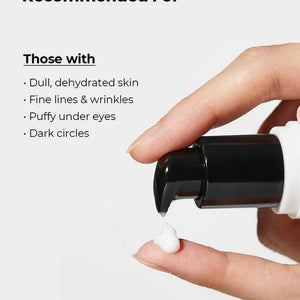 A 25ml white bottle of ASIAN BEAUTY WHOLESALE ADVANCED SNAIL PEPTIDE EYE CREAM with a black pump and translucent cap, plus yellow and black label, stands upright on a plain light background—great for dark circles and anti-aging.