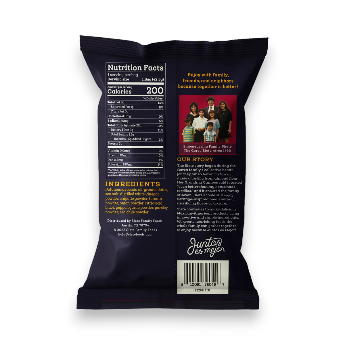 A vibrant bag of SIETE - KETTLE BBQ COOKED POTATO CHIPS from SIETE FOODS. The packaging showcases a lively southwestern pattern with a central eagle logo. Key labels include "Made with Avocado Oil," "Vegan," and "Gluten Free." Net weight is 1.5 oz.