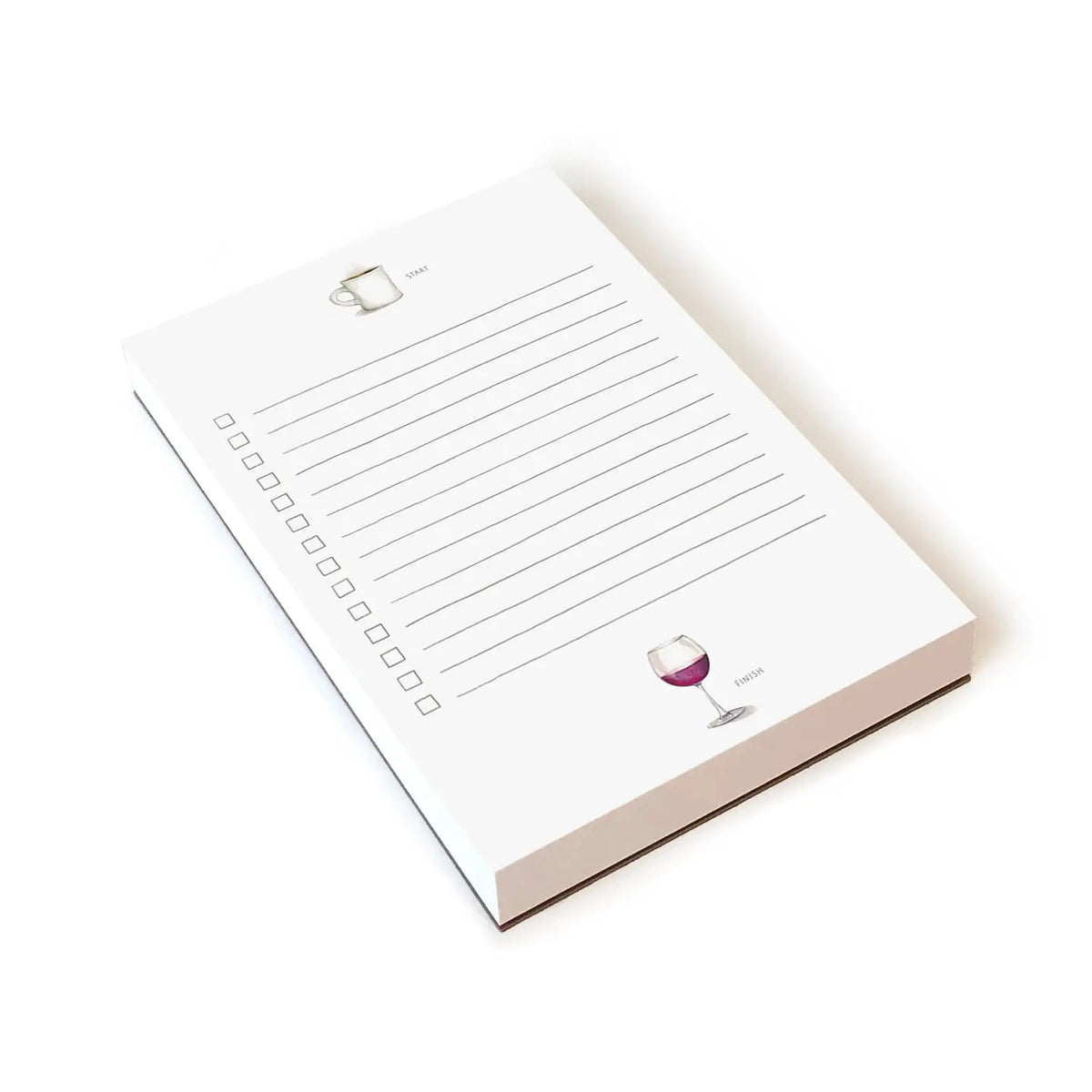 The E. FRANCES PAPER &quot;START AND FINISH NOTE PAD&quot; features a coffee cup labeled &quot;start&quot; and a wine glass labeled &quot;finish,&quot; with twelve blank checklist lines, checkboxes on the left, and is made in the USA from recycled paper.
