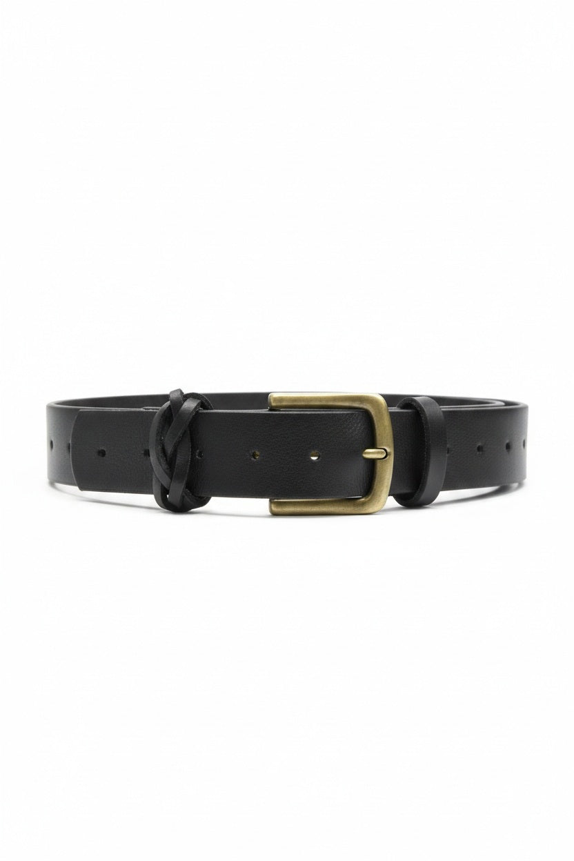 The ADA - TOUGH GUY BELT by ADA is a black handmade genuine Argentinian leather belt with a brass square buckle and multiple adjustment holes, featuring a classic design ideal for casual jeans. Shown laid flat on a white background.