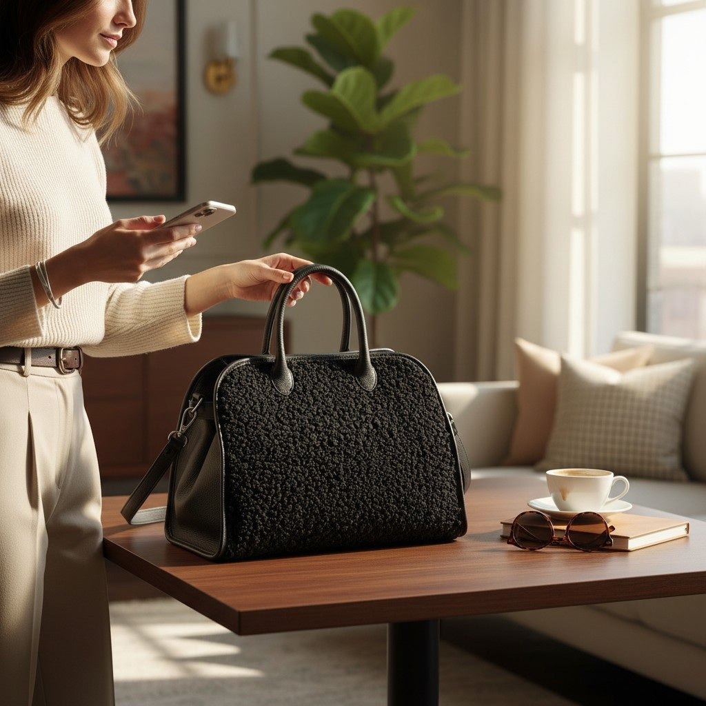 The VICARIO CINQUE - BORUSSIA HANDBAG by VICARIO CINQUE is shown on a white background, featuring a black bouclé-textured exterior on the sides and smooth leather handles.