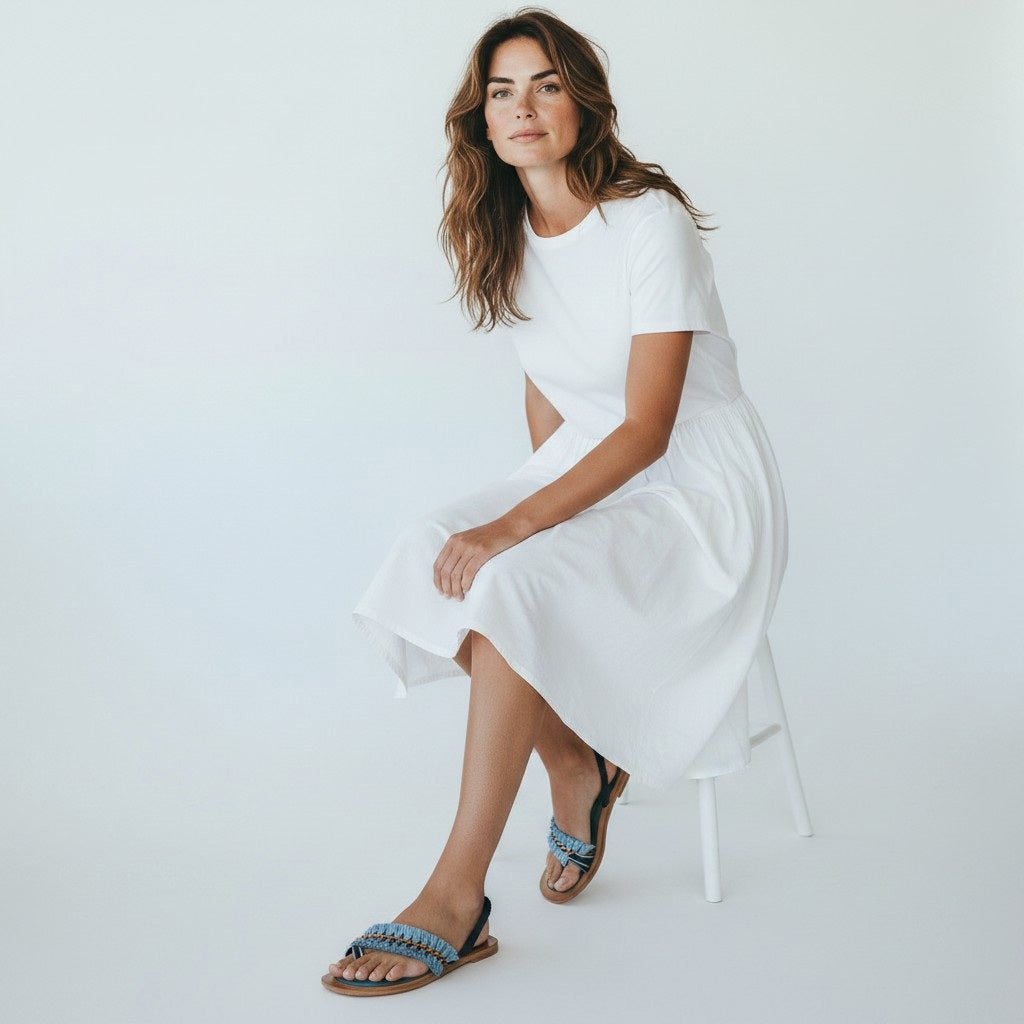 The MEHER KAKALIA - HAMAM SLIDE IN SONIC SAPHIRE by MEHER KAKALIA features a flat wooden sole, teal footbed, blue frayed-edge fabric straps, and yellow and navy textured raffia detail across the top.