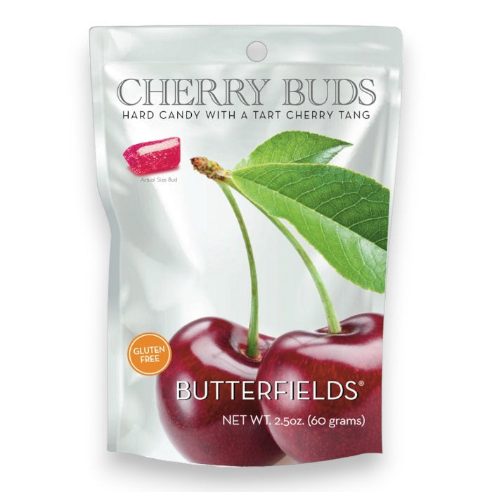 A 2.5 oz (60g) pouch of BUTTERFIELDS - CHERRY BUDS cherry candy by BUTTERFIELDS features two cherries with green leaves, a candy image, and labels stating "Gluten Free" and "Hard Candy with a Tart Cherry Tang.