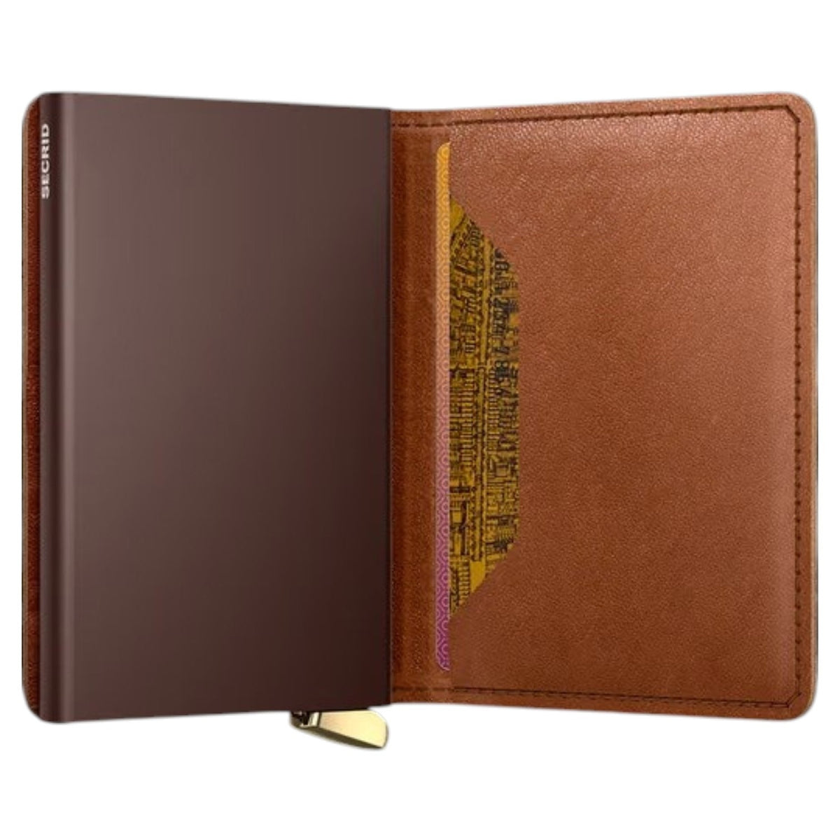 A slim, rectangular SECRID - PREMIUM SLIMWALLET+ EMBOSS LINES IN COGNAC cardholder, displayed vertically with a brown embossed finish and metallic bottom edge. This RFID-protected wallet from SECRID effortlessly combines sophisticated style and security for your daily essentials.