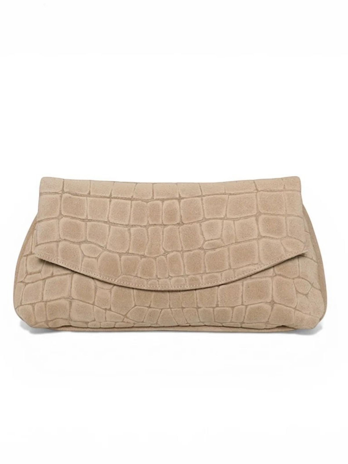 Fearrington Village OLIVEVE Valentina clutch in ecru Italian croco-embossed suede with magnetic snap closure.