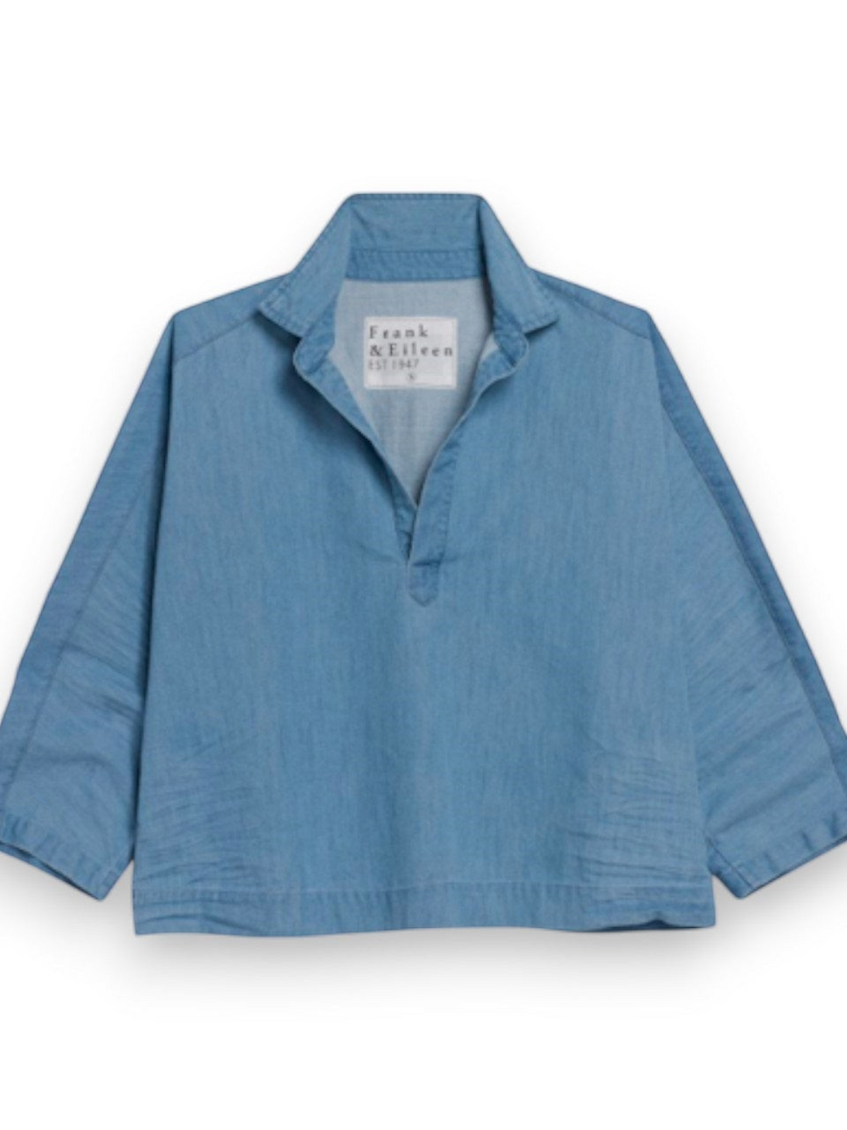 Fearrington Village Frank and Eileen Gabi popover shirt in classic blue denim with a V-neck and three-quarter sleeves