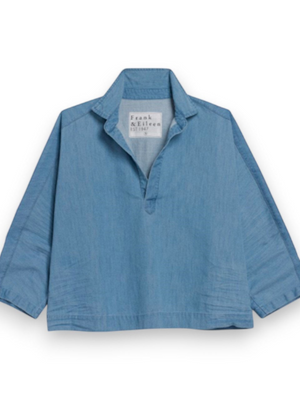 Fearrington Village Frank and Eileen Gabi popover shirt in classic blue denim with a V-neck and three-quarter sleeves
