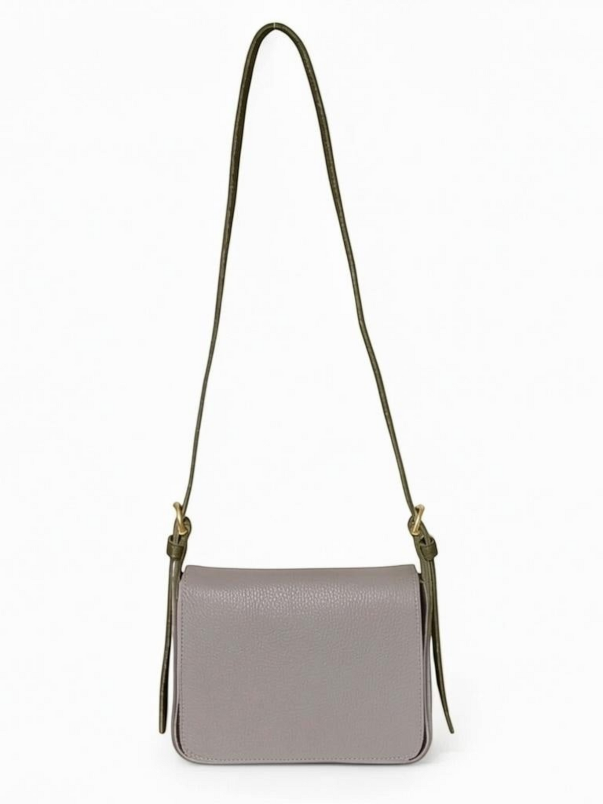Fearrington Village OLIVEVE Genevieve crossbody bag in grey pebbled Italian buffalo cowhide with brass hardware