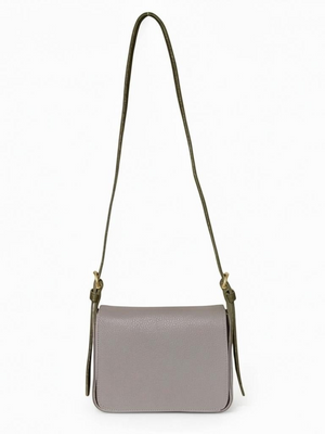 Fearrington Village OLIVEVE Genevieve crossbody bag in grey pebbled Italian buffalo cowhide with brass hardware