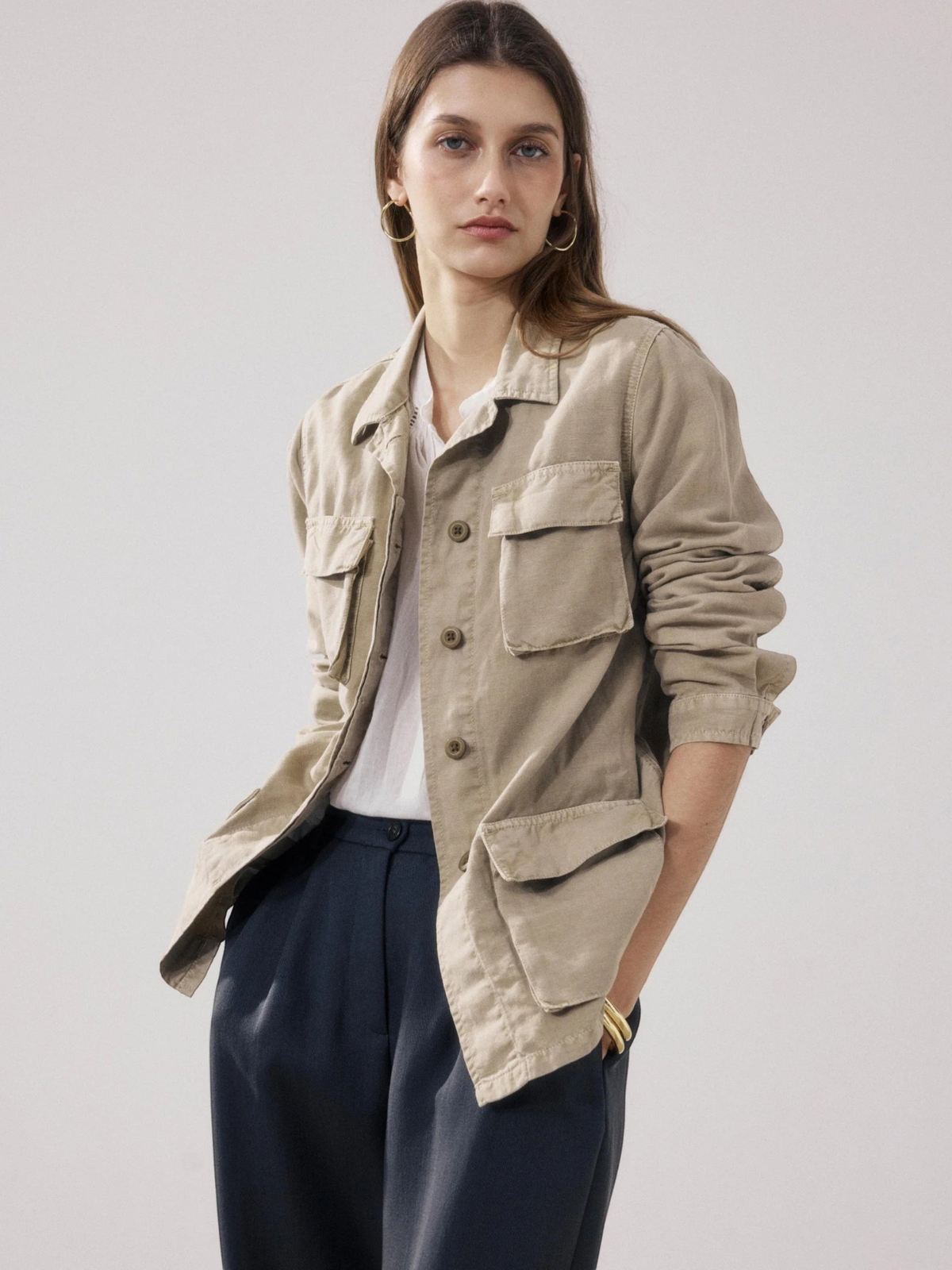 Fearrington Village Hartford Vea utility jacket in beige cotton and linen with four front patch pockets.
