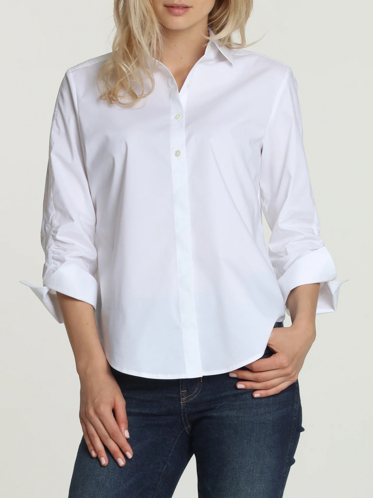 Fearrington Village HINSON WU white cotton blend shirt with 3/4 ruched sleeves and point collar on a model