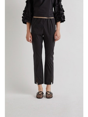 Fearrington Village MEIMEIJ black cotton cropped pants featuring a slim straight-leg fit and front hem slits
