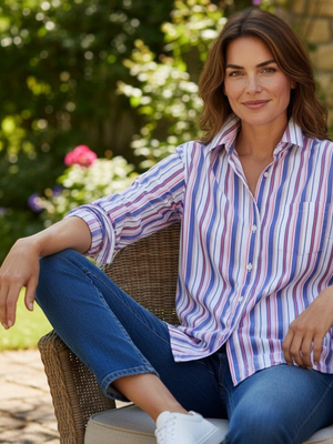 Fearrington Village model wearing a relaxed fit Frank and Eileen Eileen button-up shirt in multicolor Italian cotton