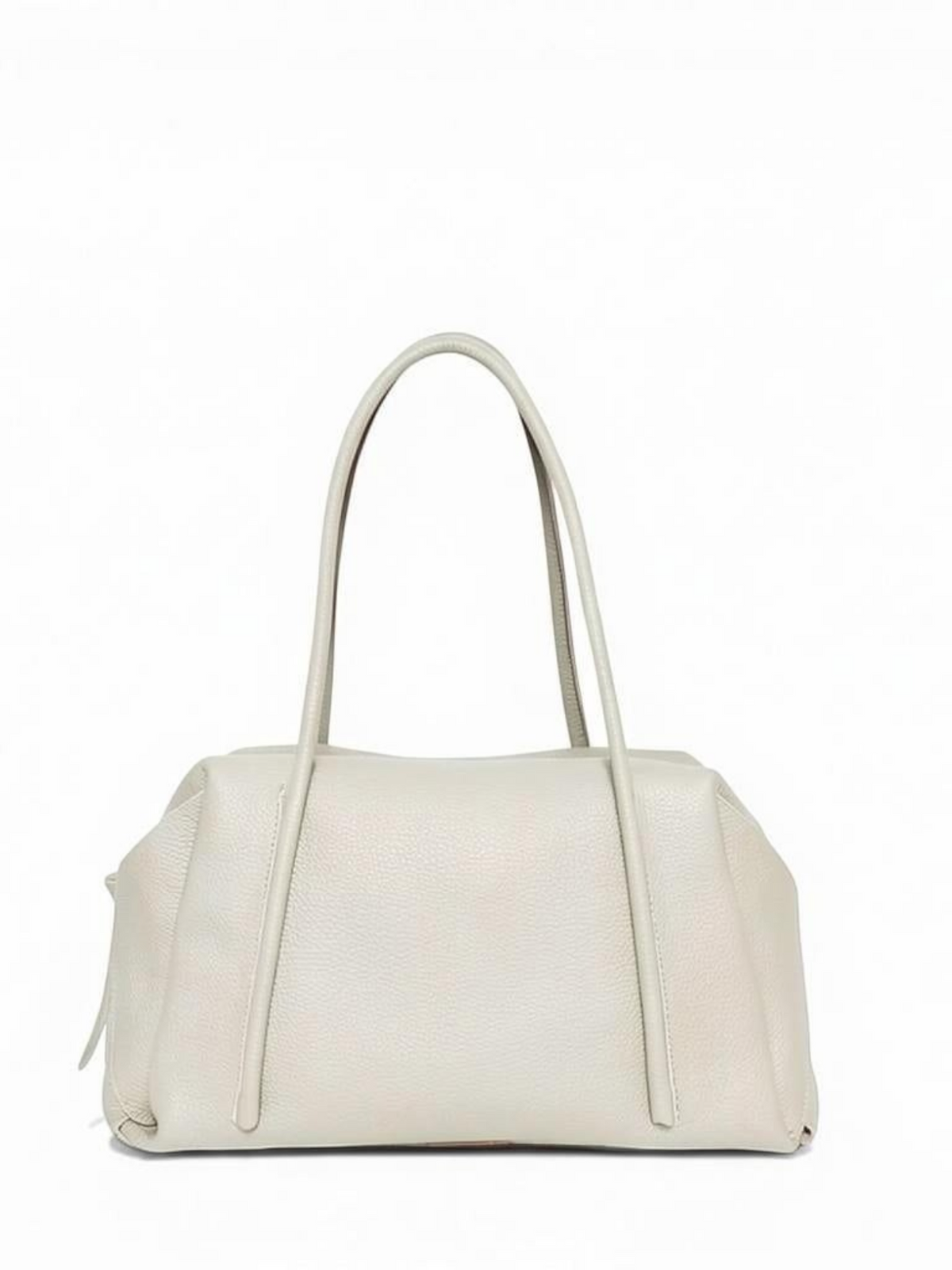 Fearrington Village OLIVEVE Solara satchel in light grey Italian buffalo cowhide leather with rope-detailed handles.