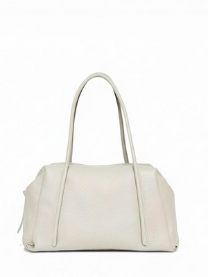 Fearrington Village OLIVEVE Solara satchel in light grey Italian buffalo cowhide leather with rope-detailed handles.