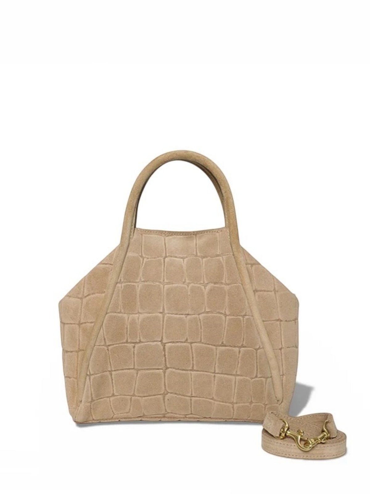 Fearrington Village OLIVEVE Taya top handle bag in ecru Italian croco-embossed suede with brass hardware