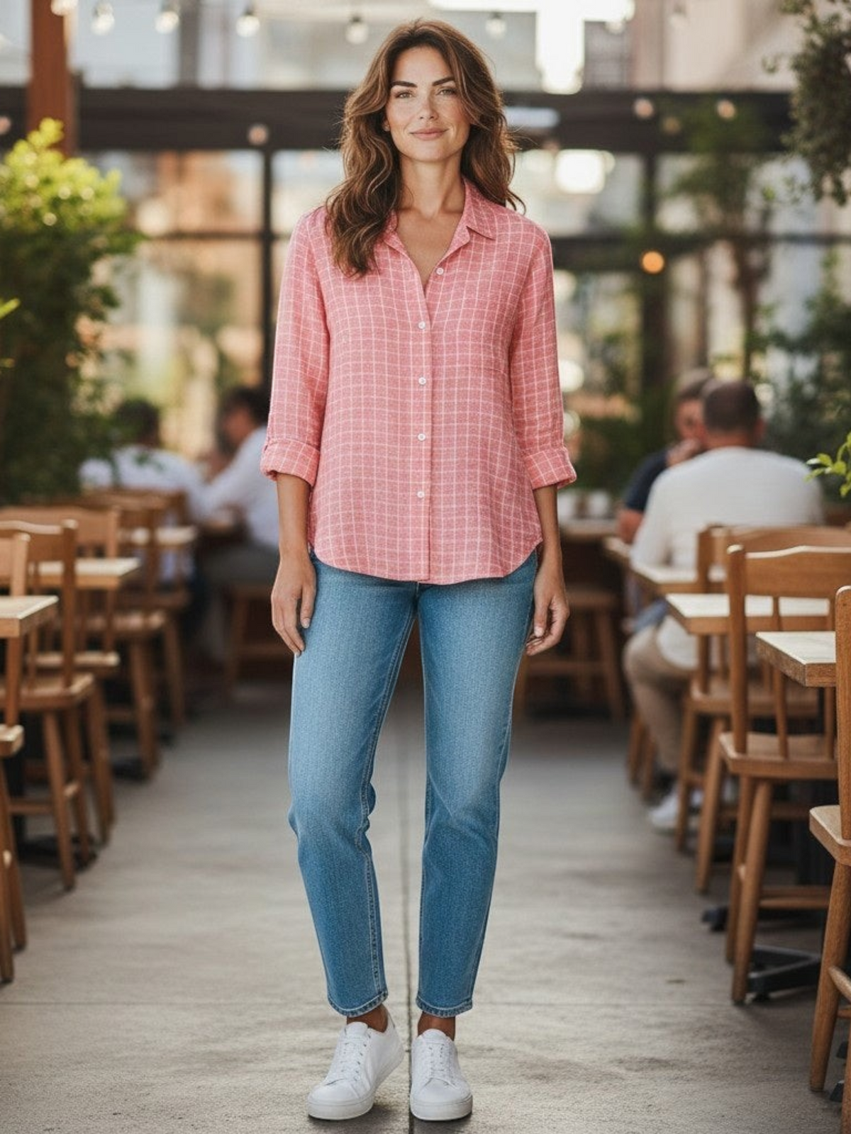 Fearrington Village model wearing a red and white grid Italian linen button-up shirt with blue jeans and white sneakers