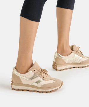 DOLCE VITA - TRESA SNEAKERS IN WHITE & GOLD SUEDE, a low-top sneaker in beige and layered suede with metallic gold accents and a sporty lug sole.