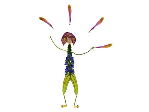 The JUGGLE GREETING CARD by PETAL PEOPLE PRESS showcases a whimsical figure crafted from pressed flowers on a white background, featuring a purple bloom head, green stem limbs, a body with purple blooms, and an orange petal halo—an enchanting piece of botanical art.