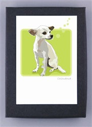 A framed illustration from PAPER RUSSELLS' "PAPER RUSSELS - CHIHUAHUA NOTE CARDS" depicts a small white dog with brown ears sitting against a light green background. The chihuahua, with its ears perked up and a focused expression, looks to the side. Made in the USA, this piece comes in a grey frame that complements the artwork and is signed by Cristina Alvarado.
