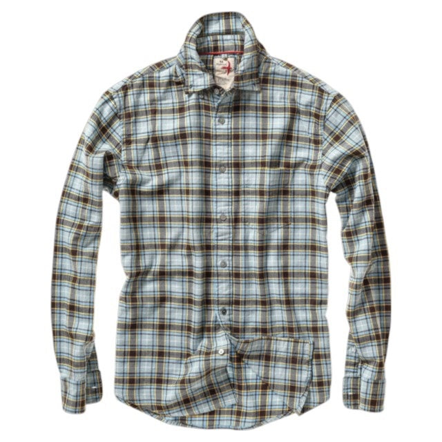 A close-up of the RELWEN Flyweight Flannel Shirt in Pale Blue/Brown Multi shows a blue, brown, and yellow plaid pattern with gray buttons. Made from lightweight, yarn-dyed cotton, this shirt features a partially visible RELWEN label at the top.