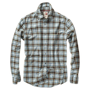 A close-up of the RELWEN Flyweight Flannel Shirt in Pale Blue/Brown Multi shows a blue, brown, and yellow plaid pattern with gray buttons. Made from lightweight, yarn-dyed cotton, this shirt features a partially visible RELWEN label at the top.