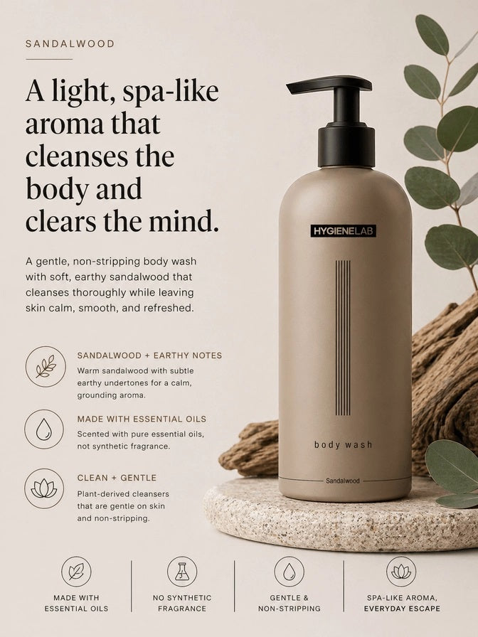 A beige bottle of HYGIENELAB BODY WASH, SANDALWOOD features a black pump dispenser and showcases a minimalist label with vertical lines and black text. The moisturizing formula contains natural ingredients, and the design clearly indicates the sandalwood scent on the front.