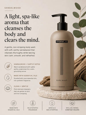 A beige bottle of HYGIENELAB BODY WASH, SANDALWOOD features a black pump dispenser and showcases a minimalist label with vertical lines and black text. The moisturizing formula contains natural ingredients, and the design clearly indicates the sandalwood scent on the front.