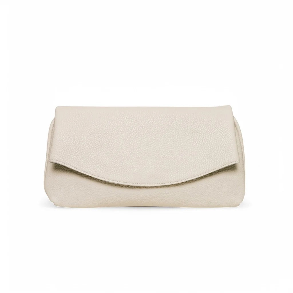 The OLIVEVE Valentina Clutch, crafted from light beige Italian Buffalo Cowhide lamb leather with a textured finish, features a small, rectangular silhouette and flap closure, shown against a white background.