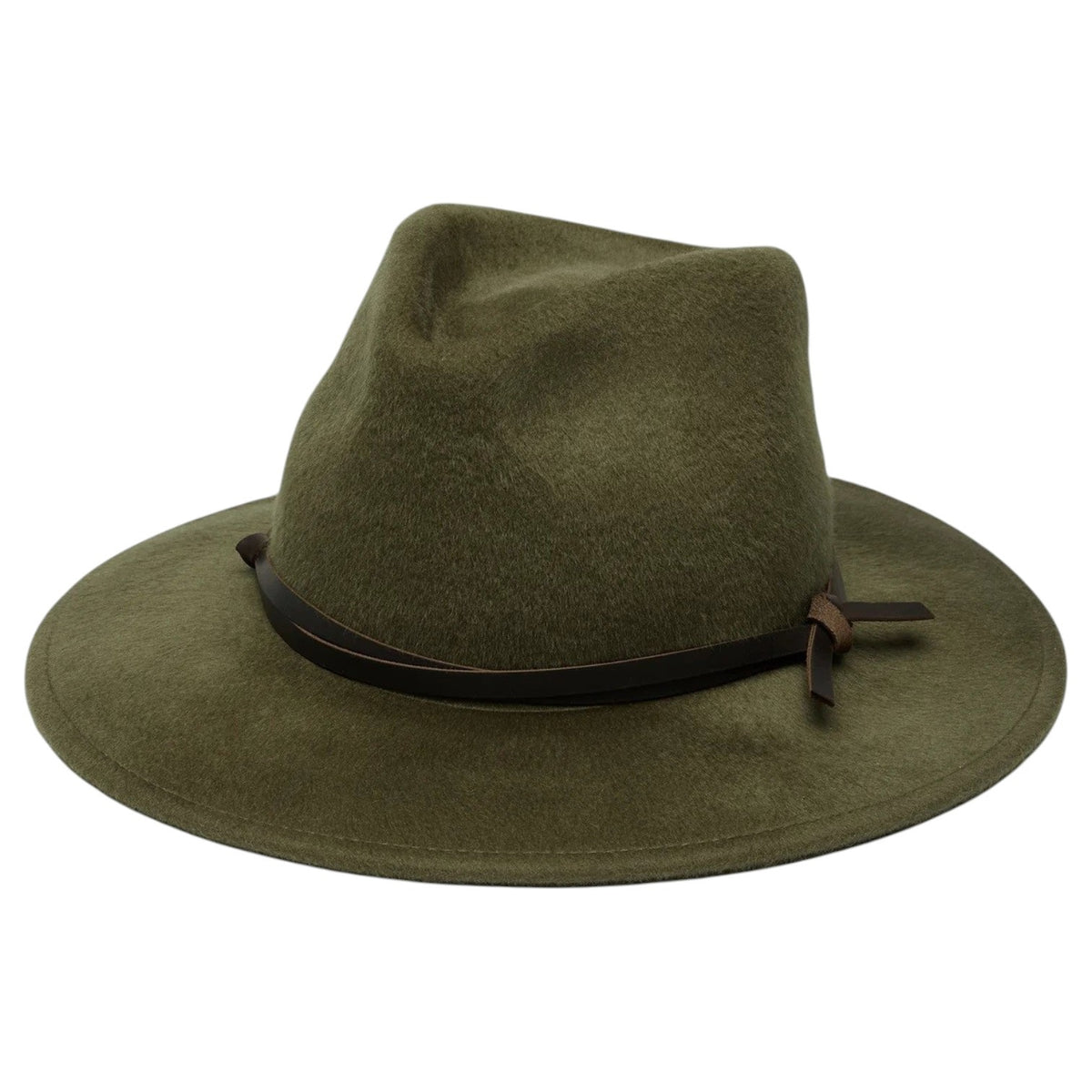WYETH - FOLEY FEDORA IN OLIVE, a packable olive green brushed wool fedora featuring a dark brown genuine leather band tied around the crown.