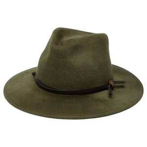 WYETH - FOLEY FEDORA IN OLIVE, a packable olive green brushed wool fedora featuring a dark brown genuine leather band tied around the crown.