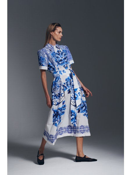 MILVA MI - COTTON DRESS WITH A BLACK AND WHITE FLORAL PRINT