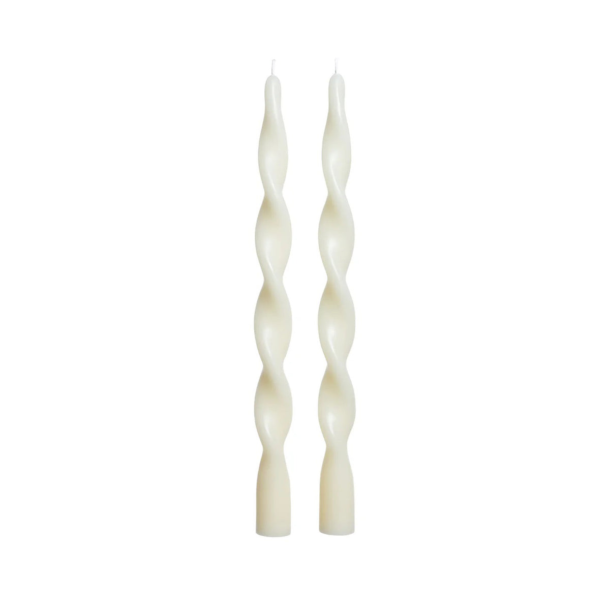 The ZODAX LUMIERE TWIST TAPER CANDLES—set of 2 in ivory, each 12 inches with a 6-hour burn time—stand upright side by side against a plain white background.