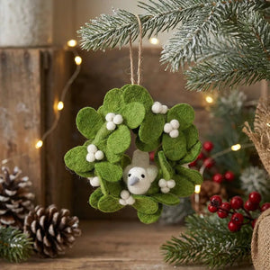Felt So Good MISTLETOE MINI WREATH WITH DOVE ORNAMENT, a handmade felt mistletoe wreath with white berries and a small dove nesting in the center.