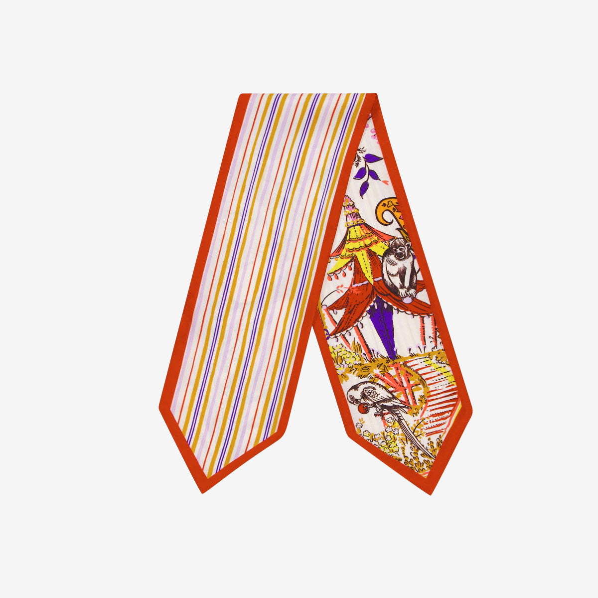 The INOUI EDITIONS - PAGODA SILK RIBBON by INOUI features multicolored diagonal stripes on one side and a circus-themed illustration with monkeys, tents, and orange trim on the other.