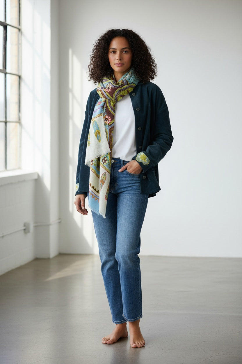 The STORIATIPIC ATHENA Wool Scarf with Embroidery in Ciel showcases blue, green, and beige tones with floral and geometric patterns, presented against a plain white background.