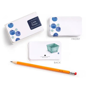 E. FRANCES - LITTLE NOTES BLUEBERRIES by E. FRANCES PAPER includes 55 mini note cards featuring a watercolor blueberry design and a dark blue front label—perfect for Blueberries note card enthusiasts and any E. Frances stationery collection.