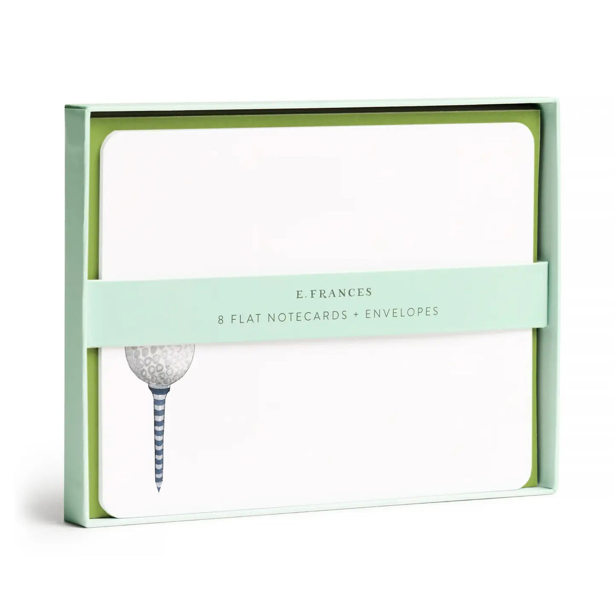 E. FRANCES PAPER Golf Flat Notes boxed stationery set includes notecards and envelopes featuring a golf ball on a tee, packaged in light green with a clear window.