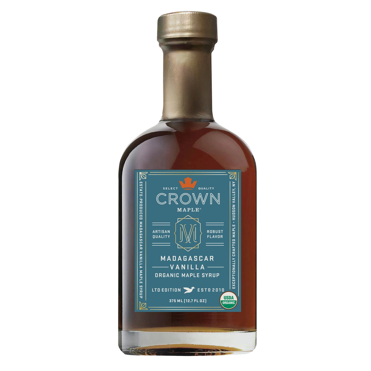 A glass bottle of CROWN MAPLE - VAINILLA INFUSED ORGANIC MAPLE SYRUP by CROWN MAPLE, featuring a gold cap and a blue label with product details and certifications—ideal as an organic maple syrup for baking or enhancing your favorite recipes with the rich flavor of vanilla.