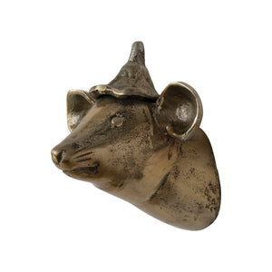 The CREATIVE COOP MOUSE HEAD WITH HAT WALL DÉCOR features an antique brass finish, large ears, and a pointed hat—an ideal mouse wall accent for cottagecore interiors. Shown isolated on a white background.