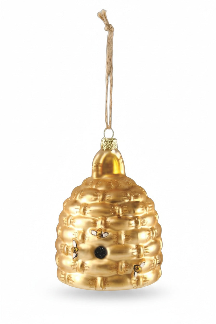 3.25 inch gold WOVEN BEE SKEP ORNAMENT with small bee decorations, hanging from a twine loop.