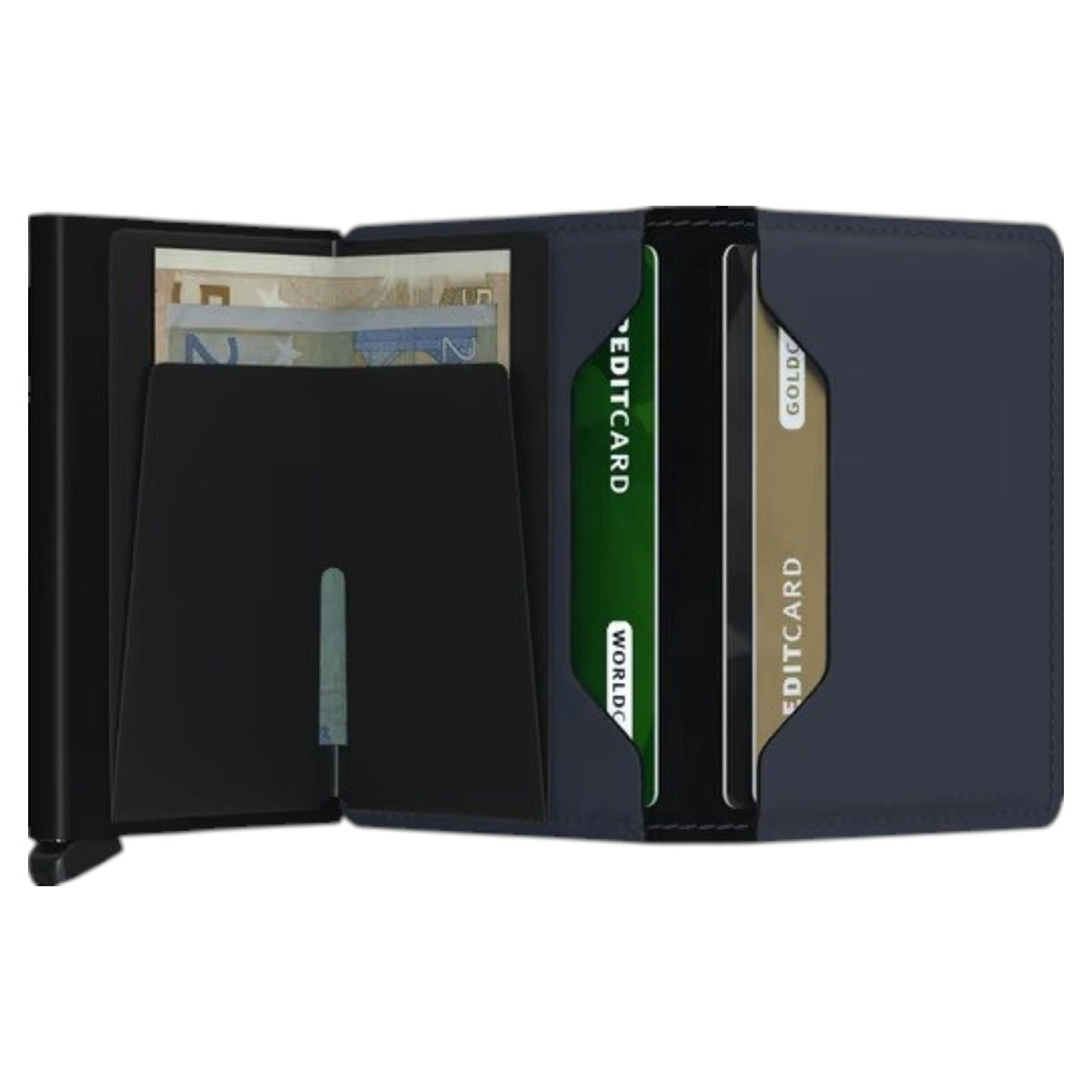 The SECRID - SLIMWALLET MATTE IN NIGHTBLUE stands upright, showcasing a slim, minimalist design with visible stitching, an embossed SECRID logo, and a black metallic edge featuring a small lever at the bottom. Like all SECRID wallets, this model provides RFID protection for enhanced security.