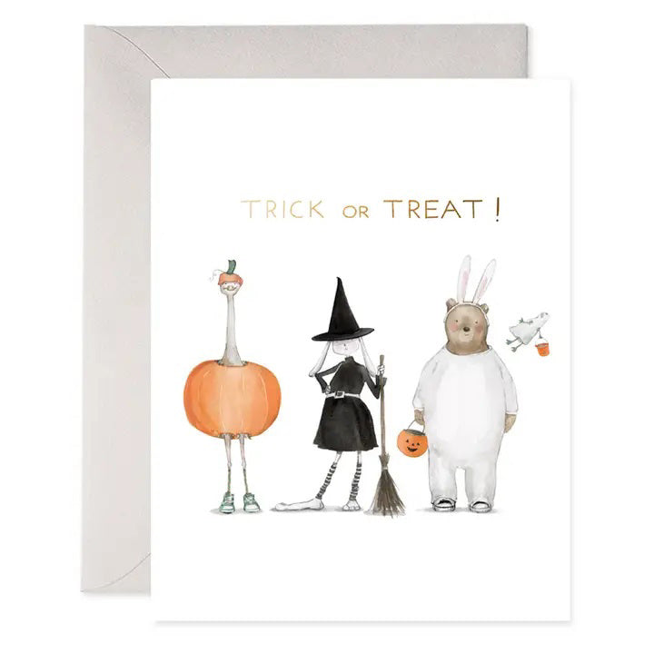 E. FRANCES - TRICK OR TREAT SQUAD by E. FRANCES PAPER: luxe heavyweight card featuring an ostrich pumpkin, mouse witch, and bear bunny in Halloween costumes with &quot;Trick or Treat!&quot;—perfect for original watercolor greeting cards.