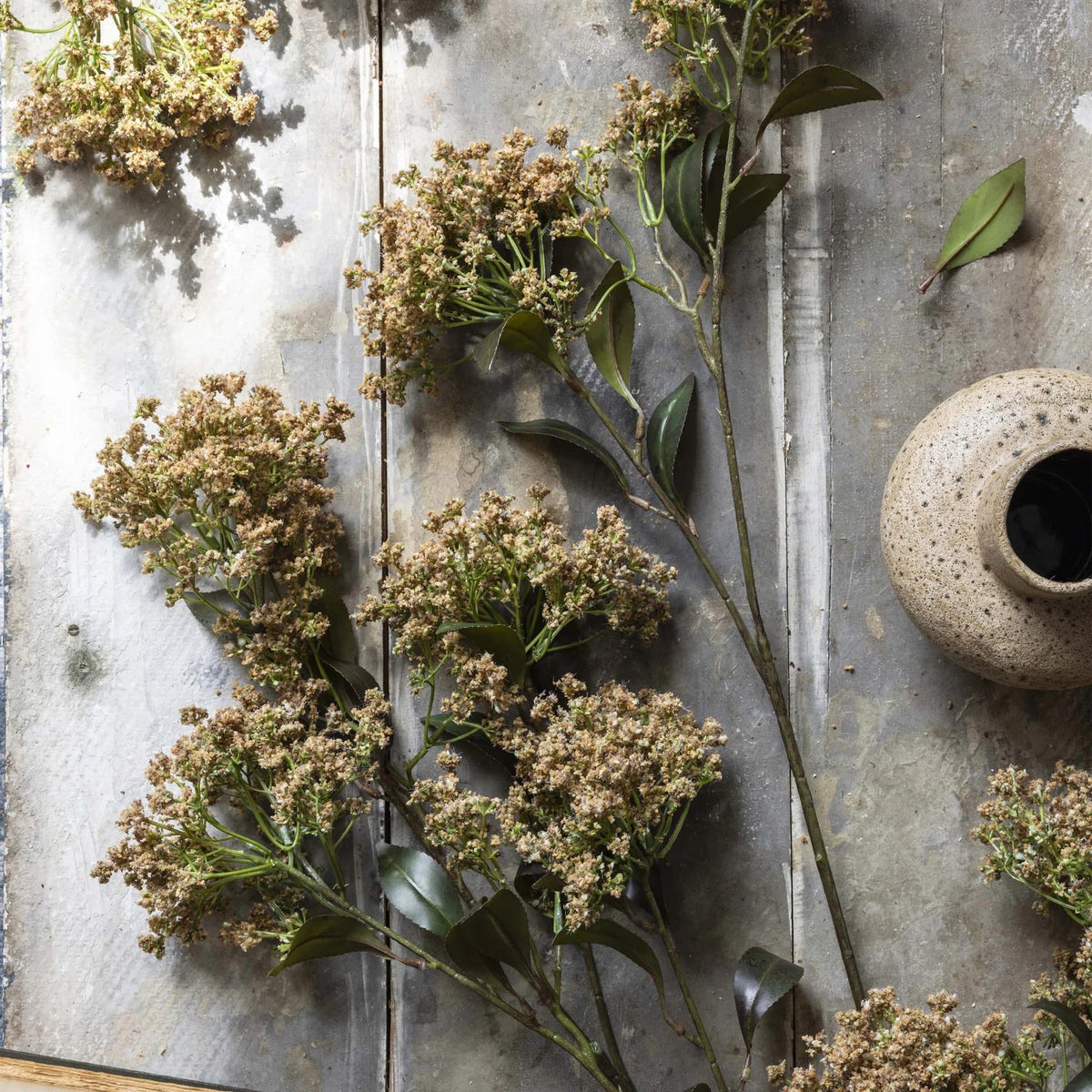 The ABIGAIL AHERN - BUTTERFLY BUSH features cream blooms and dark green leaves arranged on a rustic wooden surface beside a speckled ceramic vase, creating a textured, natural look with beautiful interplay of light and shadow.